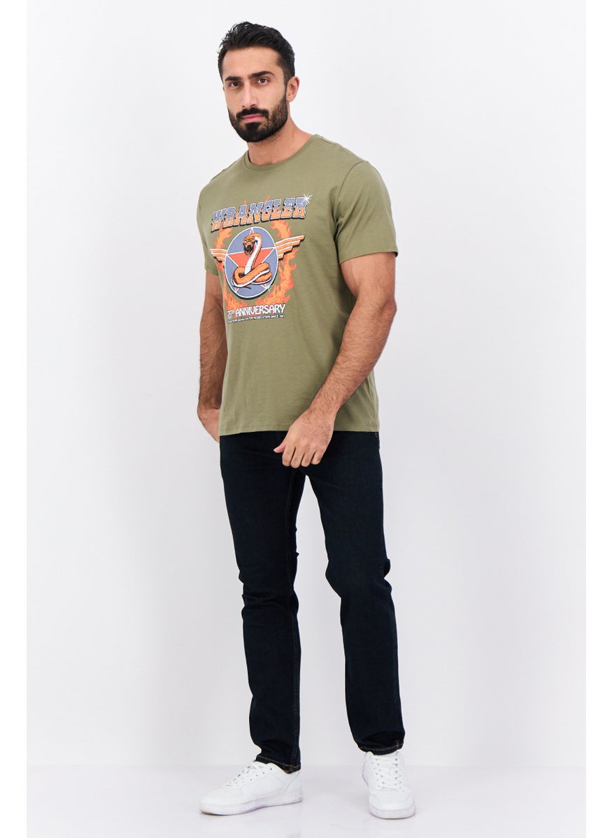 Men Crew Neck Short Sleeves Graphic Print T-Shirt, Olive