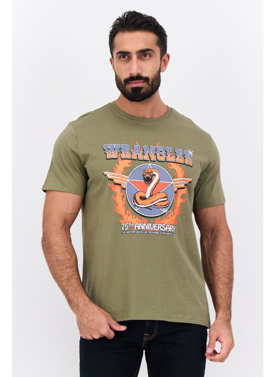 Men Crew Neck Short Sleeves Graphic Print T-Shirt, Olive