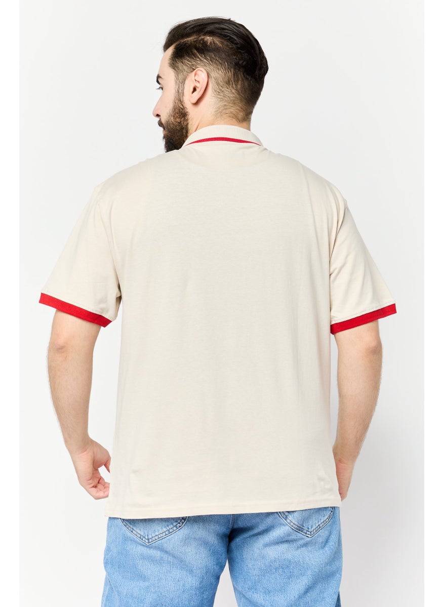 Men Regular Fit Brand Logo Short Sleeves Polo Shirt, Beige