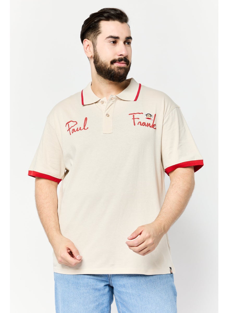 Men Regular Fit Brand Logo Short Sleeves Polo Shirt, Beige