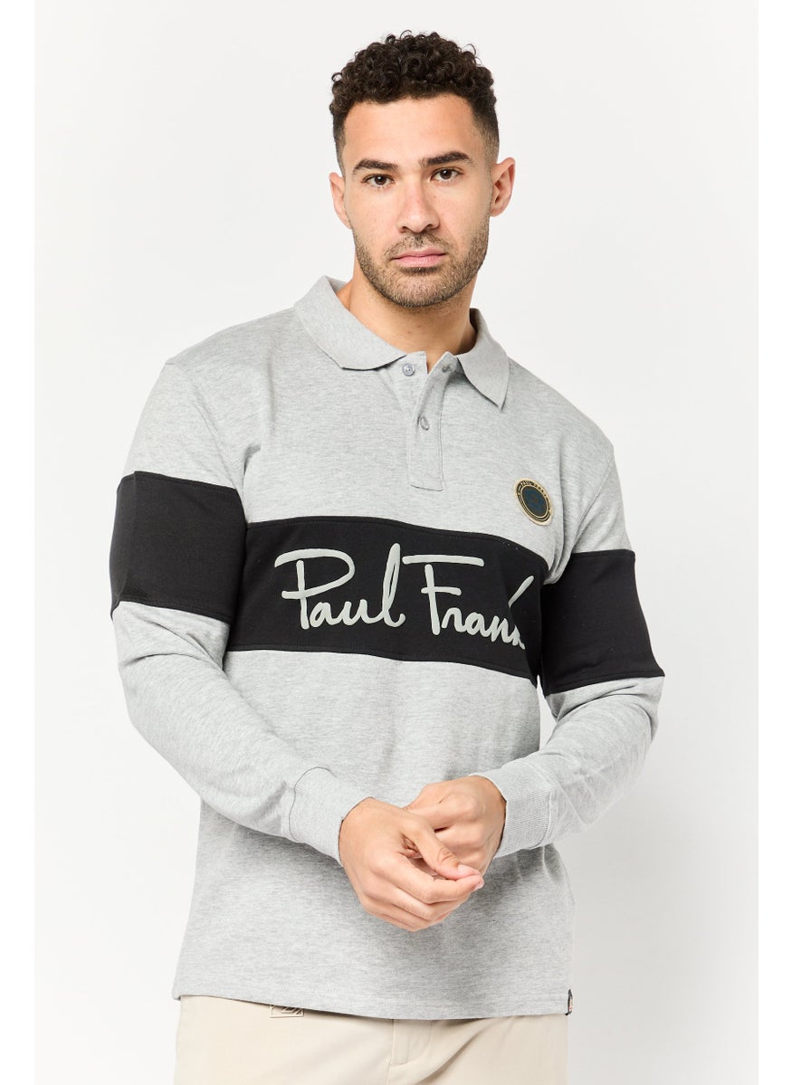 Men Regular Fit Long Sleeve Brand Logo Polo Shirt, Multicolor