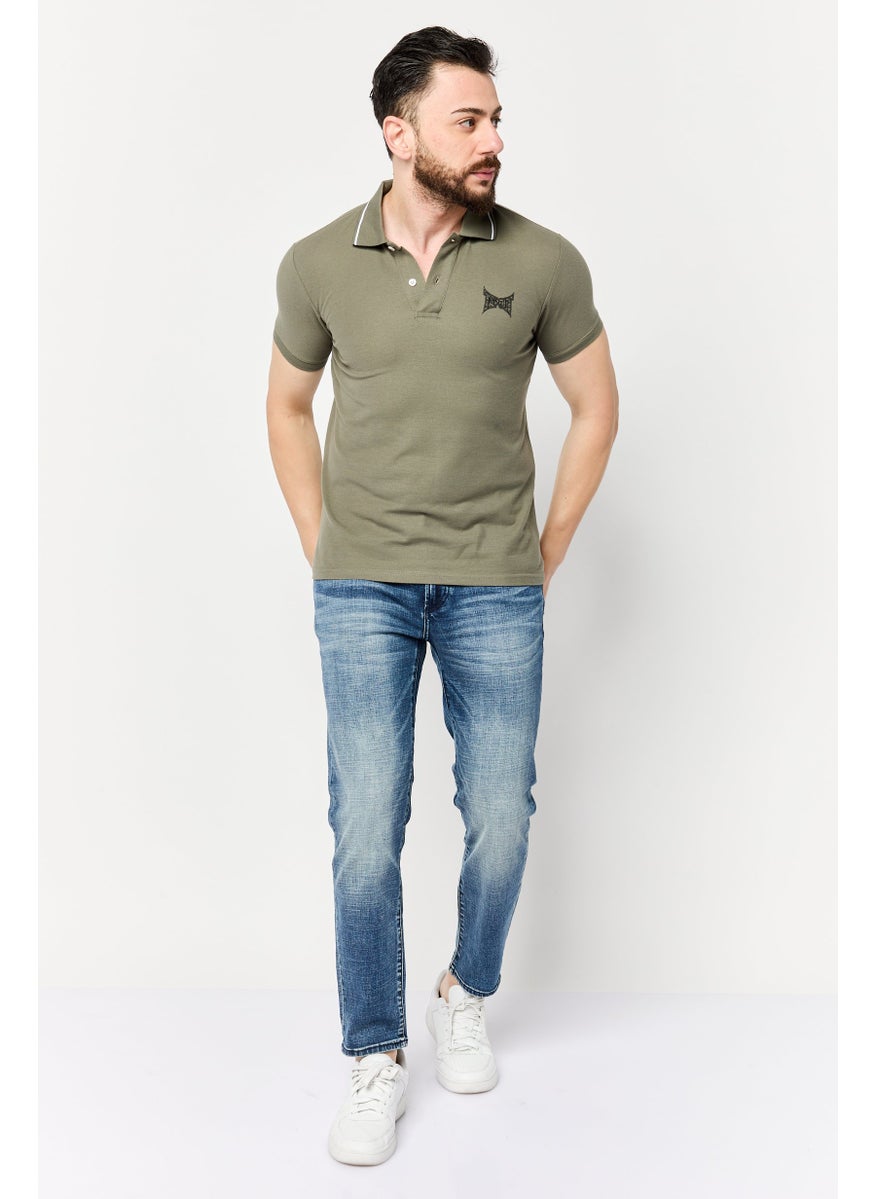 Men Regular Fit Short Sleeve Brand Logo Polo Shirt, Olive