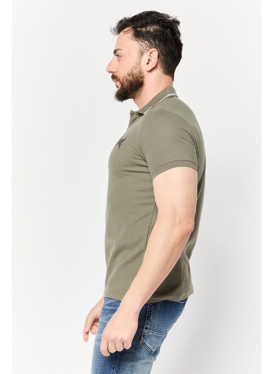 Men Regular Fit Short Sleeve Brand Logo Polo Shirt, Olive