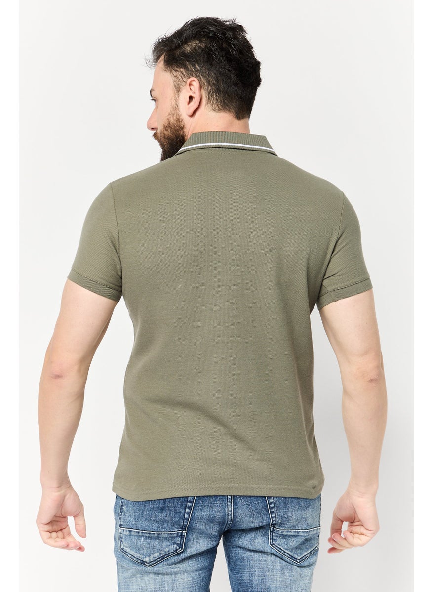 Men Regular Fit Short Sleeve Brand Logo Polo Shirt, Olive