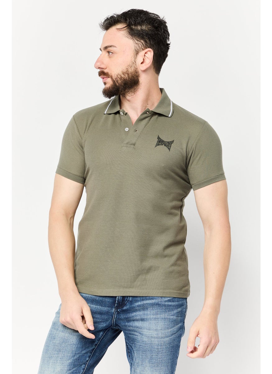 Men Regular Fit Short Sleeve Brand Logo Polo Shirt, Olive