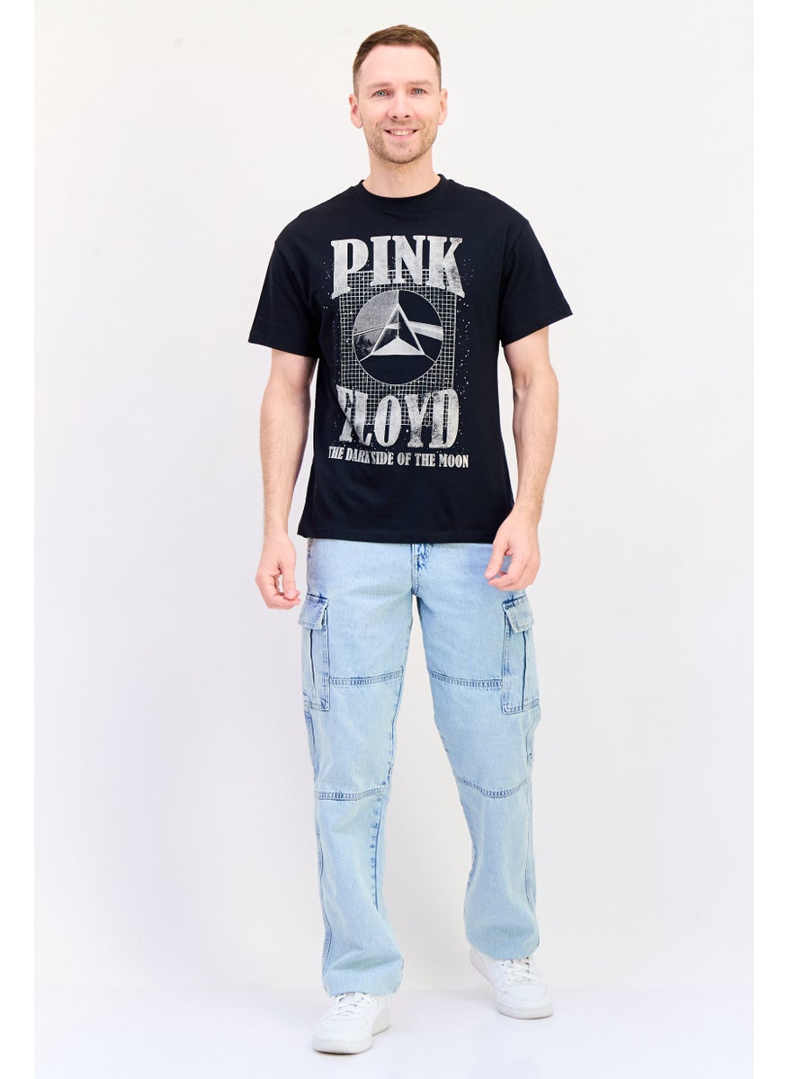 Men Crew Neck Short Sleeves Graphic Print T-Shirt, Black