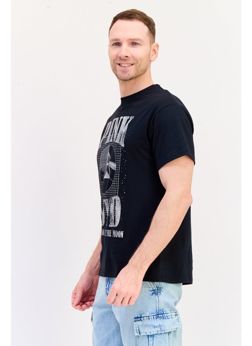 Men Crew Neck Short Sleeves Graphic Print T-Shirt, Black