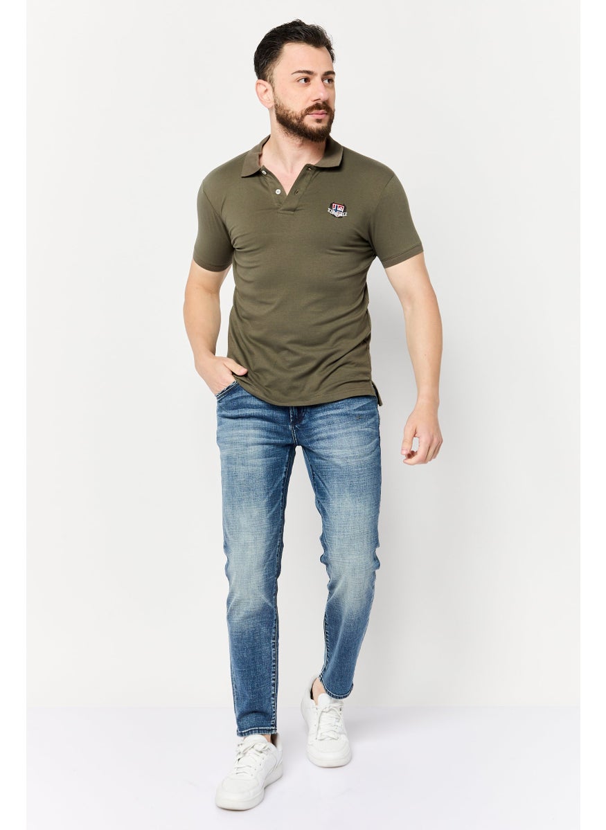 Men Regular Fit Embroidered Logo Short Sleeves Polo, Olive