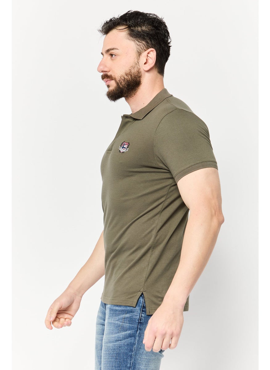 Men Regular Fit Embroidered Logo Short Sleeves Polo, Olive
