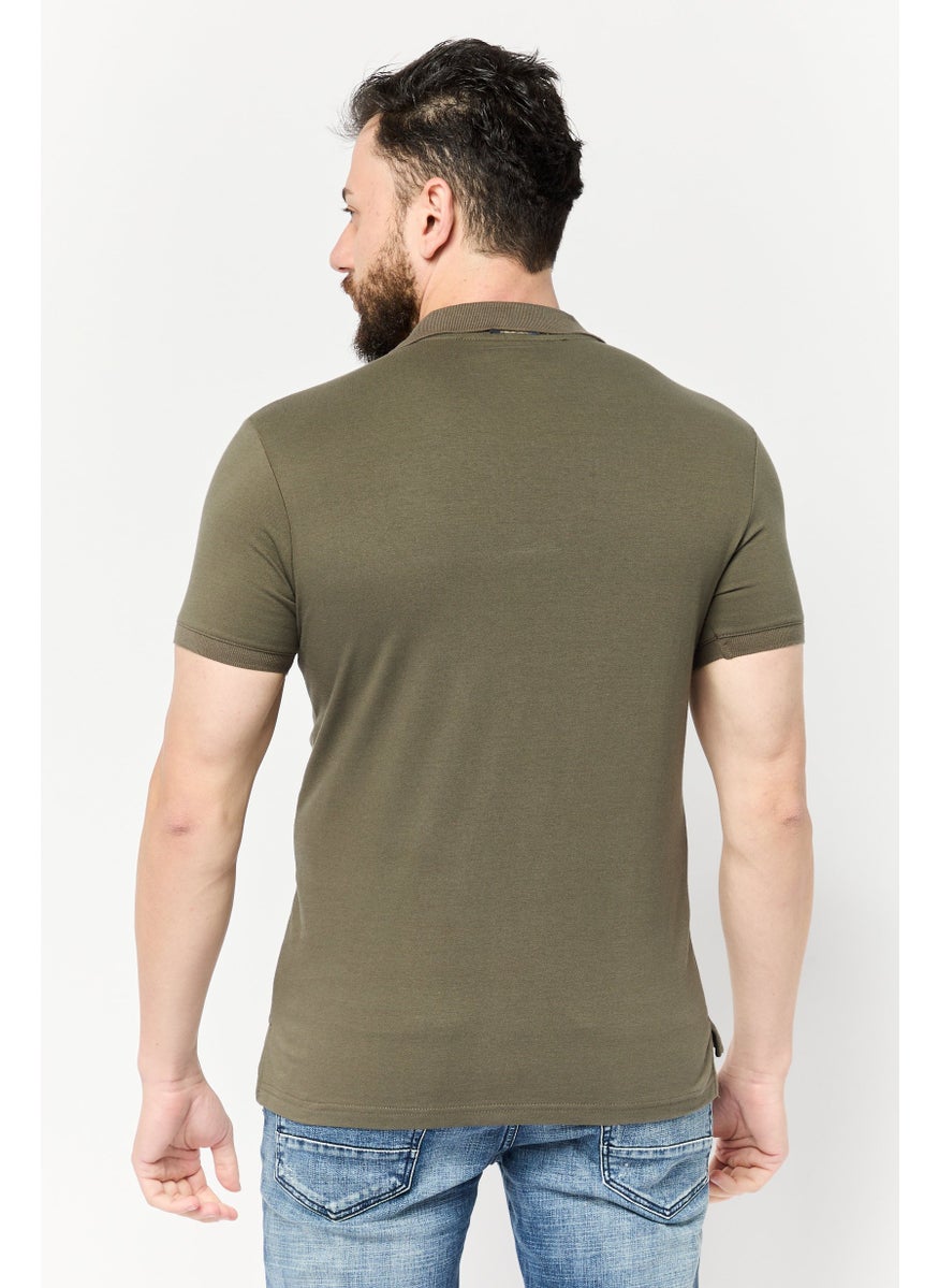 Men Regular Fit Embroidered Logo Short Sleeves Polo, Olive