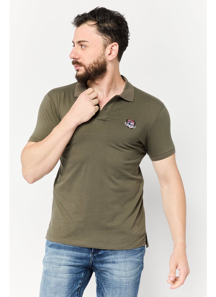 Men Regular Fit Embroidered Logo Short Sleeves Polo, Olive