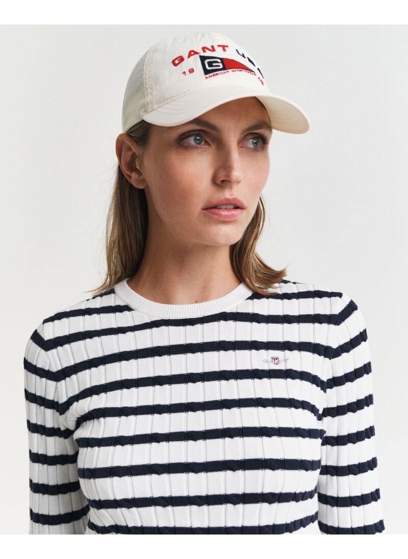 Striped Stretch Cotton Cable Knit Crew Neck Sweater