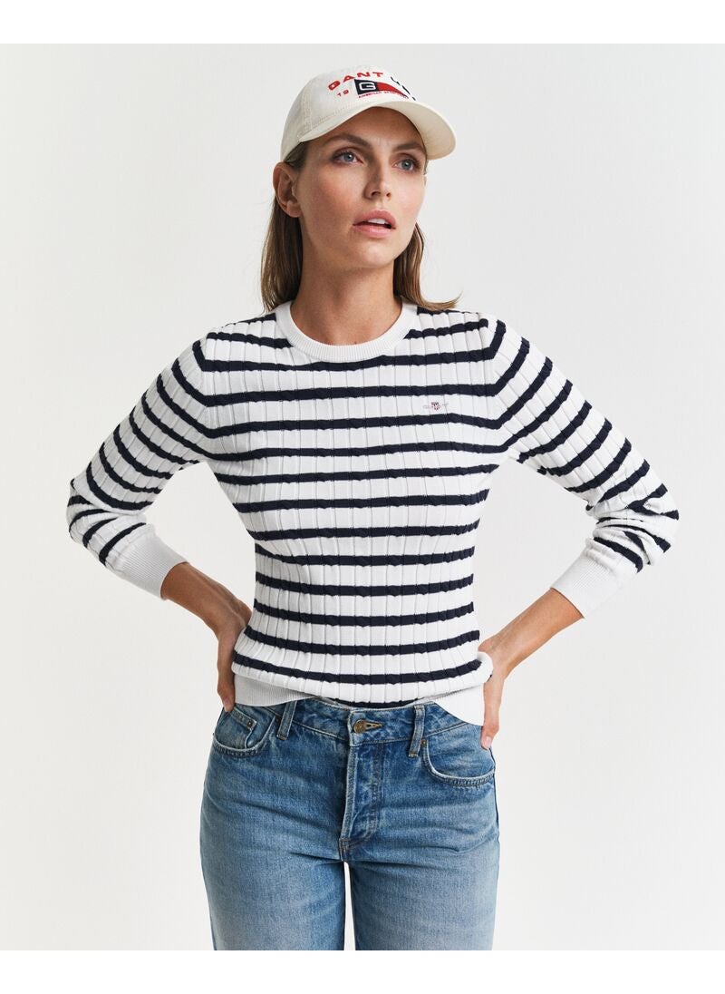 Striped Stretch Cotton Cable Knit Crew Neck Sweater