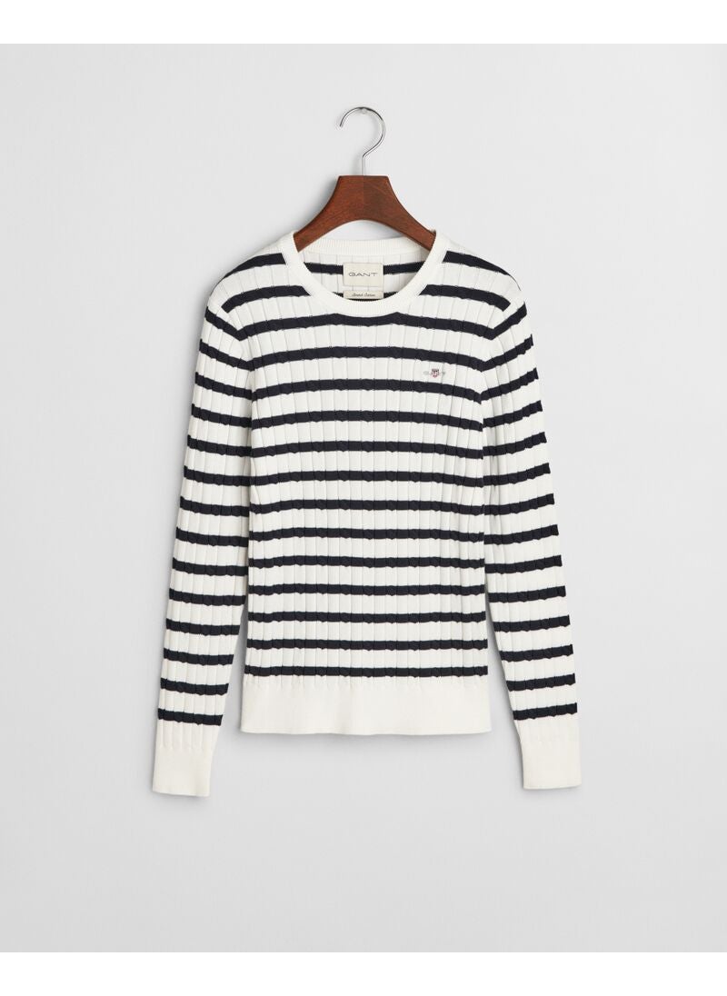 Striped Stretch Cotton Cable Knit Crew Neck Sweater