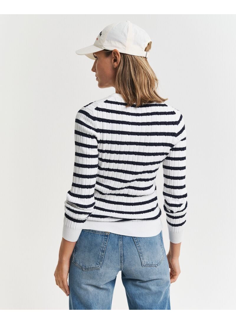Striped Stretch Cotton Cable Knit Crew Neck Sweater