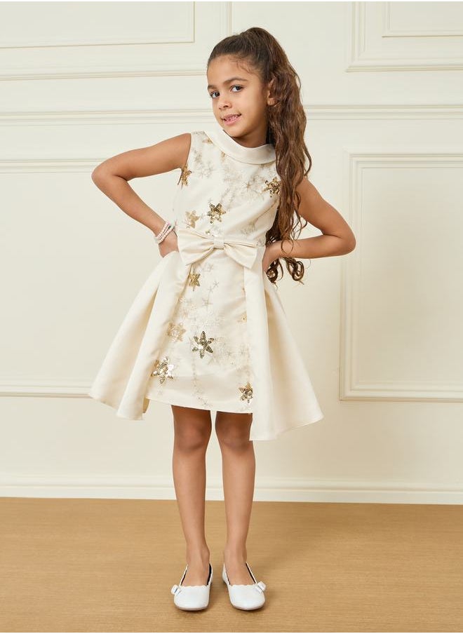 All Over Star Embellished Bow Front Layered Detail Dress