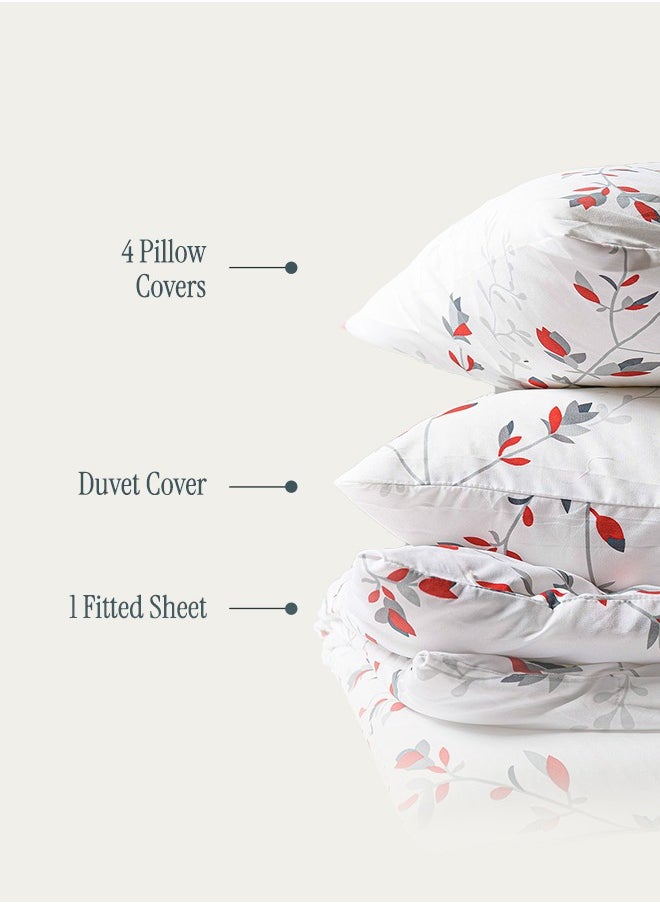 Designer Duvet Set (6-Piece) Red Floral King Size (220x240 cm), Premium Fabric, Breathable & Elegant | Includes 1 Duvet Cover, 1 Fitted Bedsheet & 4 Pillow Covers with Zipper Closures