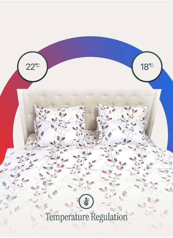 Designer Duvet Set (6-Piece) Red Floral King Size (220x240 cm), Premium Fabric, Breathable & Elegant | Includes 1 Duvet Cover, 1 Fitted Bedsheet & 4 Pillow Covers with Zipper Closures