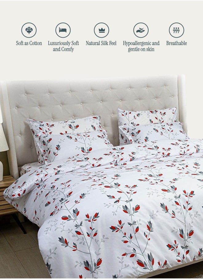 Designer Duvet Set (6-Piece) Red Floral King Size (220x240 cm), Premium Fabric, Breathable & Elegant | Includes 1 Duvet Cover, 1 Fitted Bedsheet & 4 Pillow Covers with Zipper Closures