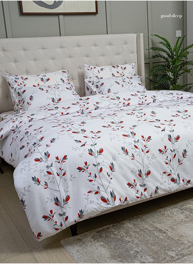 Designer Duvet Set (6-Piece) Red Floral King Size (220x240 cm), Premium Fabric, Breathable & Elegant | Includes 1 Duvet Cover, 1 Fitted Bedsheet & 4 Pillow Covers with Zipper Closures