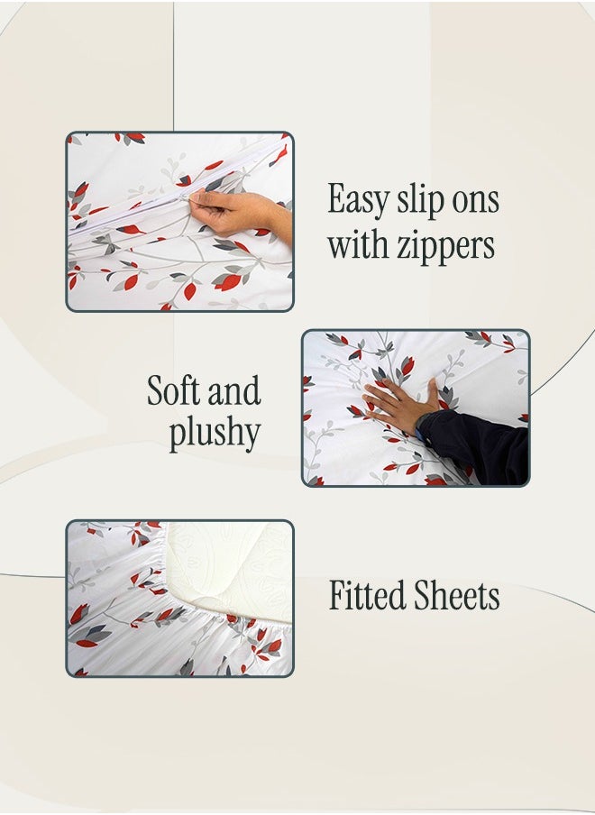Designer Duvet Set (6-Piece) Red Floral King Size (220x240 cm), Premium Fabric, Breathable & Elegant | Includes 1 Duvet Cover, 1 Fitted Bedsheet & 4 Pillow Covers with Zipper Closures