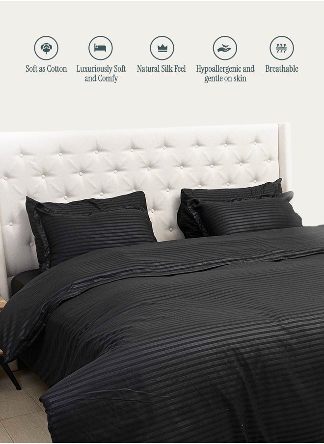 Premium Striped Duvet Set (6-Piece) Black Stripe King Size (220x240 cm), Ultra-Soft & Wrinkle-Resistant | Includes 1 Duvet Cover, 1 Fitted Bedsheet & 4 Pillow Covers with Zipper Closures