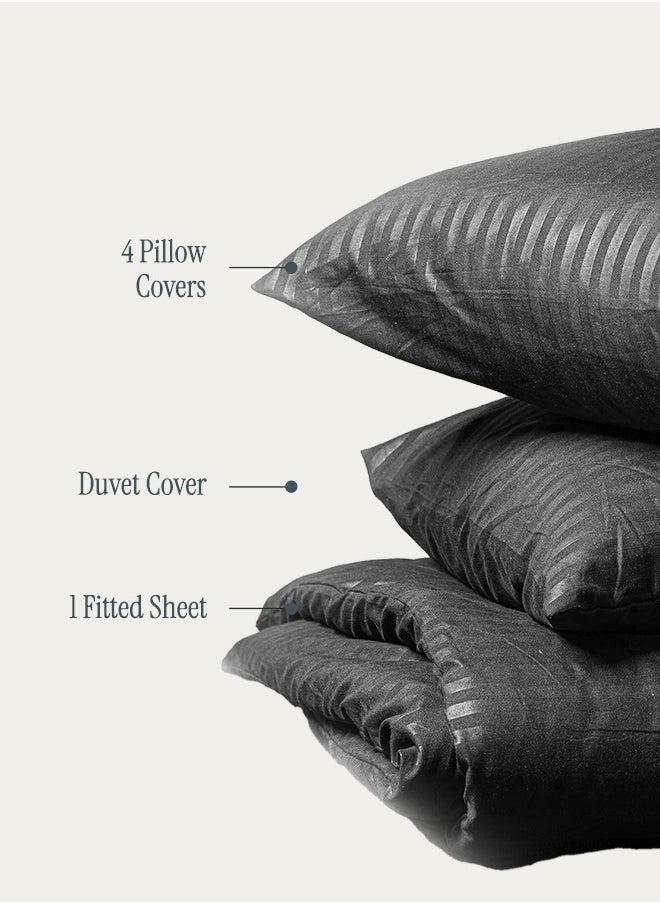Premium Striped Duvet Set (6-Piece) Black Stripe King Size (220x240 cm), Ultra-Soft & Wrinkle-Resistant | Includes 1 Duvet Cover, 1 Fitted Bedsheet & 4 Pillow Covers with Zipper Closures