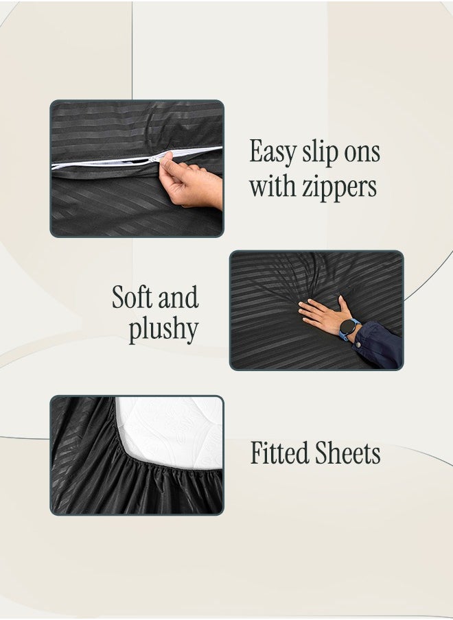 Premium Striped Duvet Set (6-Piece) Black Stripe King Size (220x240 cm), Ultra-Soft & Wrinkle-Resistant | Includes 1 Duvet Cover, 1 Fitted Bedsheet & 4 Pillow Covers with Zipper Closures