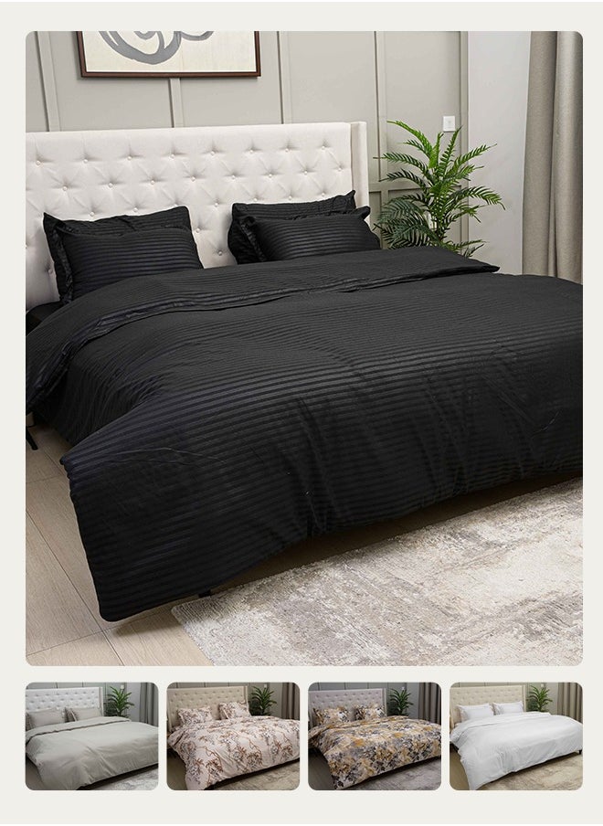 Premium Striped Duvet Set (6-Piece) Black Stripe King Size (220x240 cm), Ultra-Soft & Wrinkle-Resistant | Includes 1 Duvet Cover, 1 Fitted Bedsheet & 4 Pillow Covers with Zipper Closures