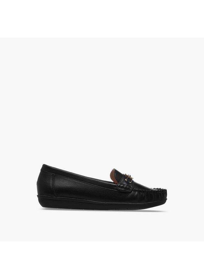 Women's Solid Slip-On Loafers with Metal Accent