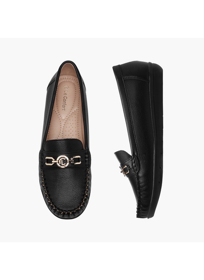 Women's Solid Slip-On Loafers with Metal Accent