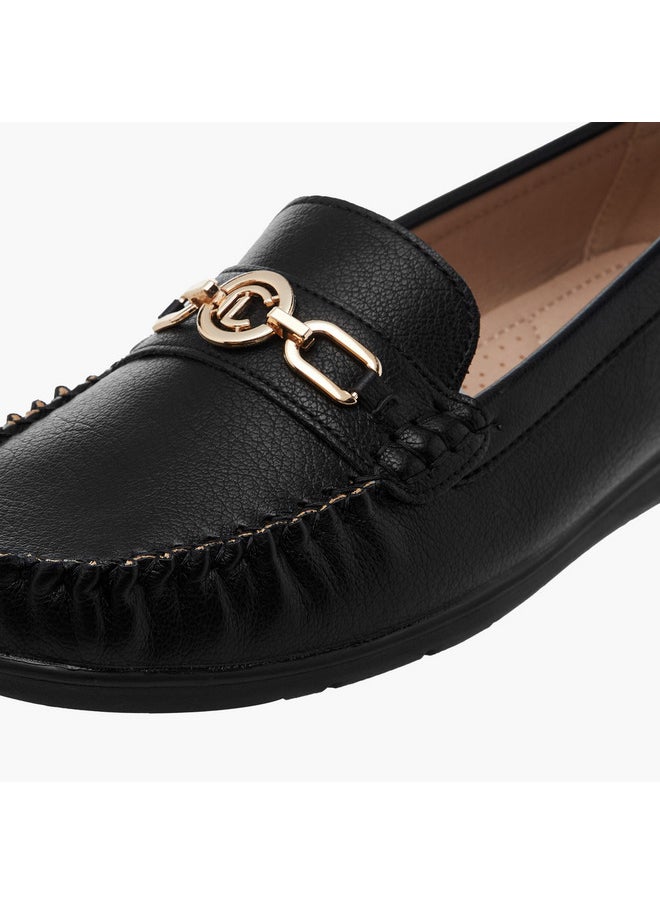 Women's Solid Slip-On Loafers with Metal Accent