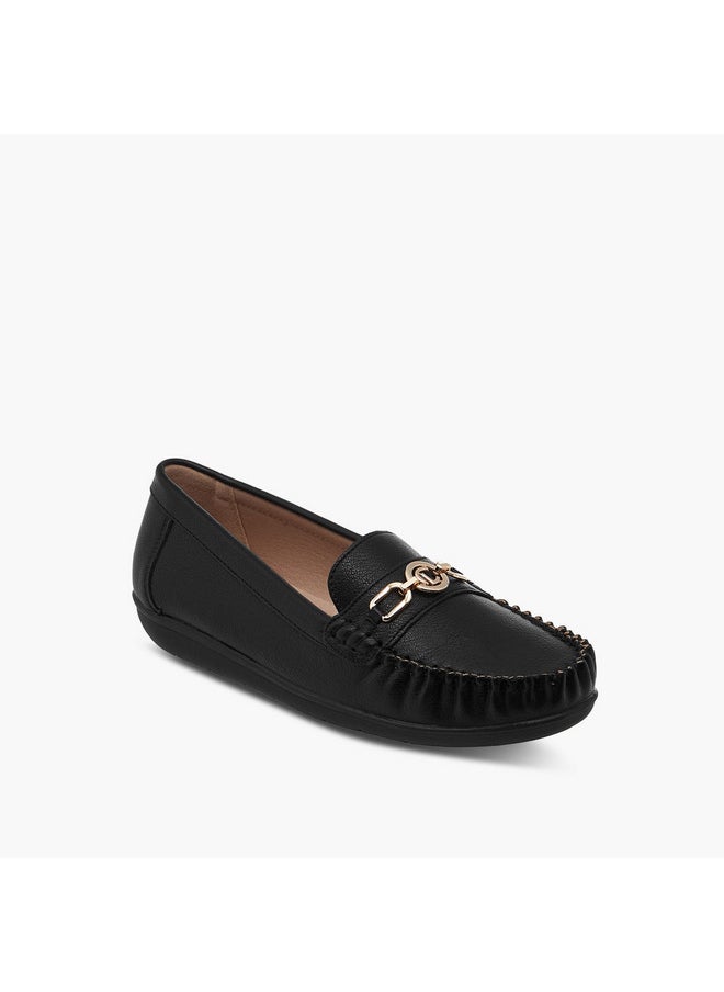 Women's Solid Slip-On Loafers with Metal Accent