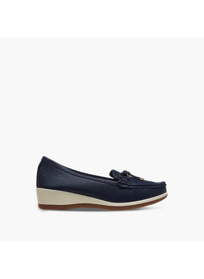 Women's Textured Slip-On Comfort Loafers with Tassel and Wedge Heel