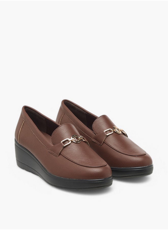 Women's Metal Accent Slip-On Comfort Loafers with Wedge Heels