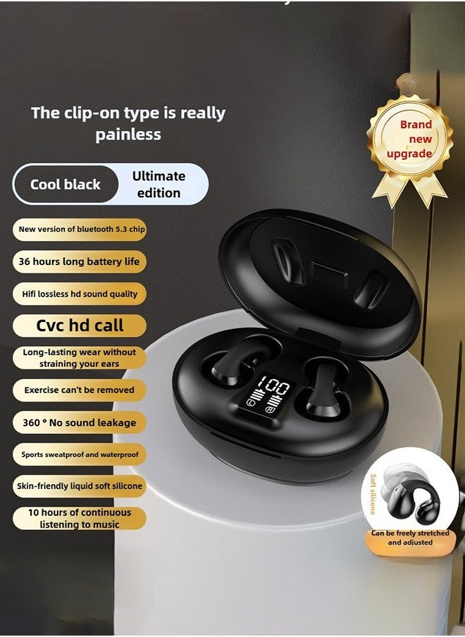 Clip-On Open-Ear Headphones, Secure Fit for Sports, HiFi Sound Quality, 36-Hour Battery Life, LED Power Display, IPX5 Waterproof  Bluetooth 5.3, Low Latency for Gaming, Fast Charging, Full Device Co