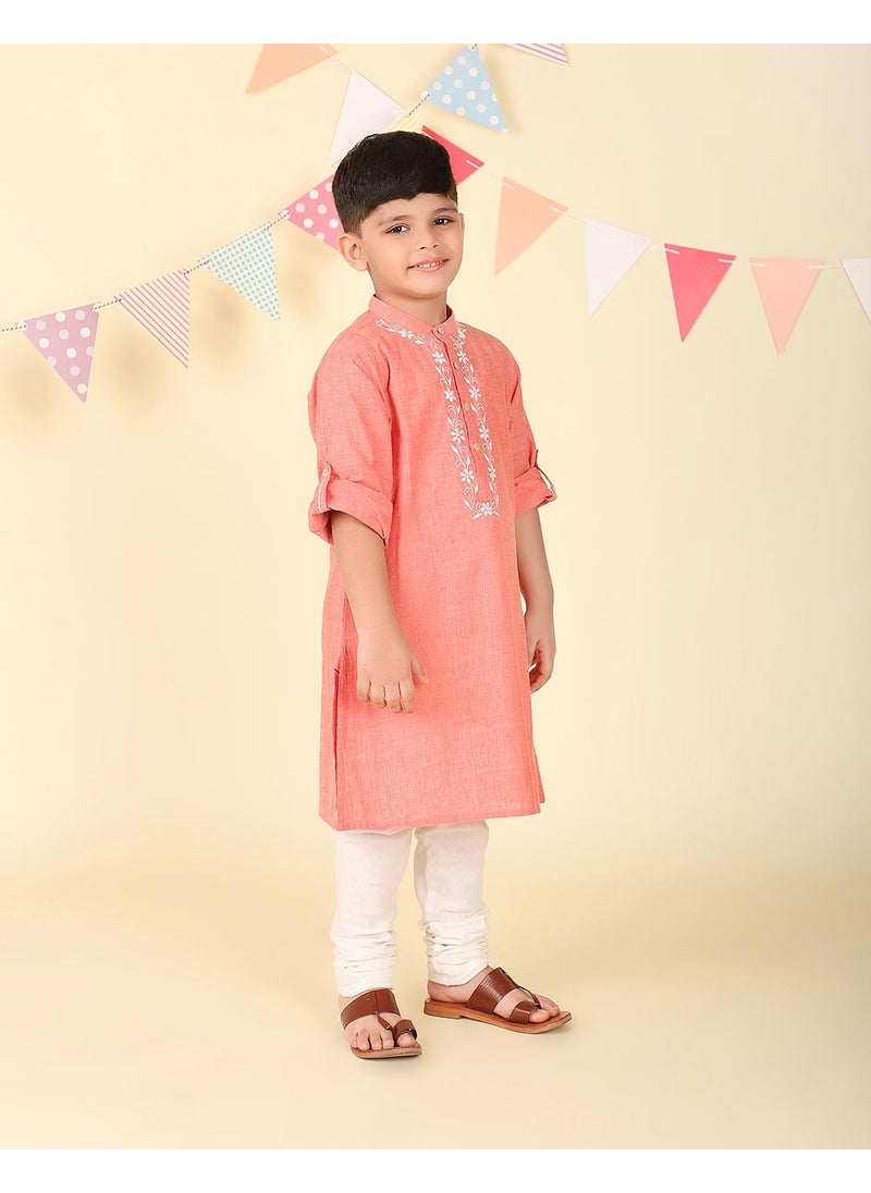 Pink Cotton Chikankari Long Kurta