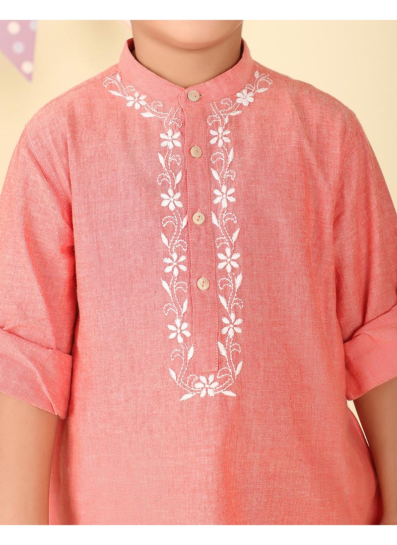 Pink Cotton Chikankari Long Kurta