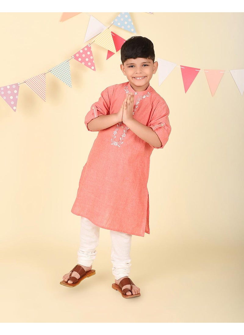 Pink Cotton Chikankari Long Kurta