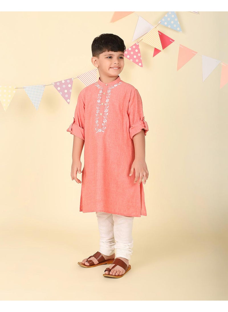 Pink Cotton Chikankari Long Kurta