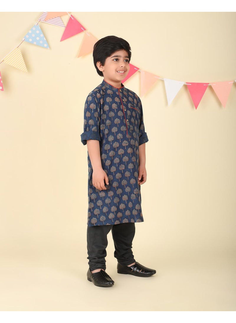 Indigo Cotton Bagru Printed Long Kurta