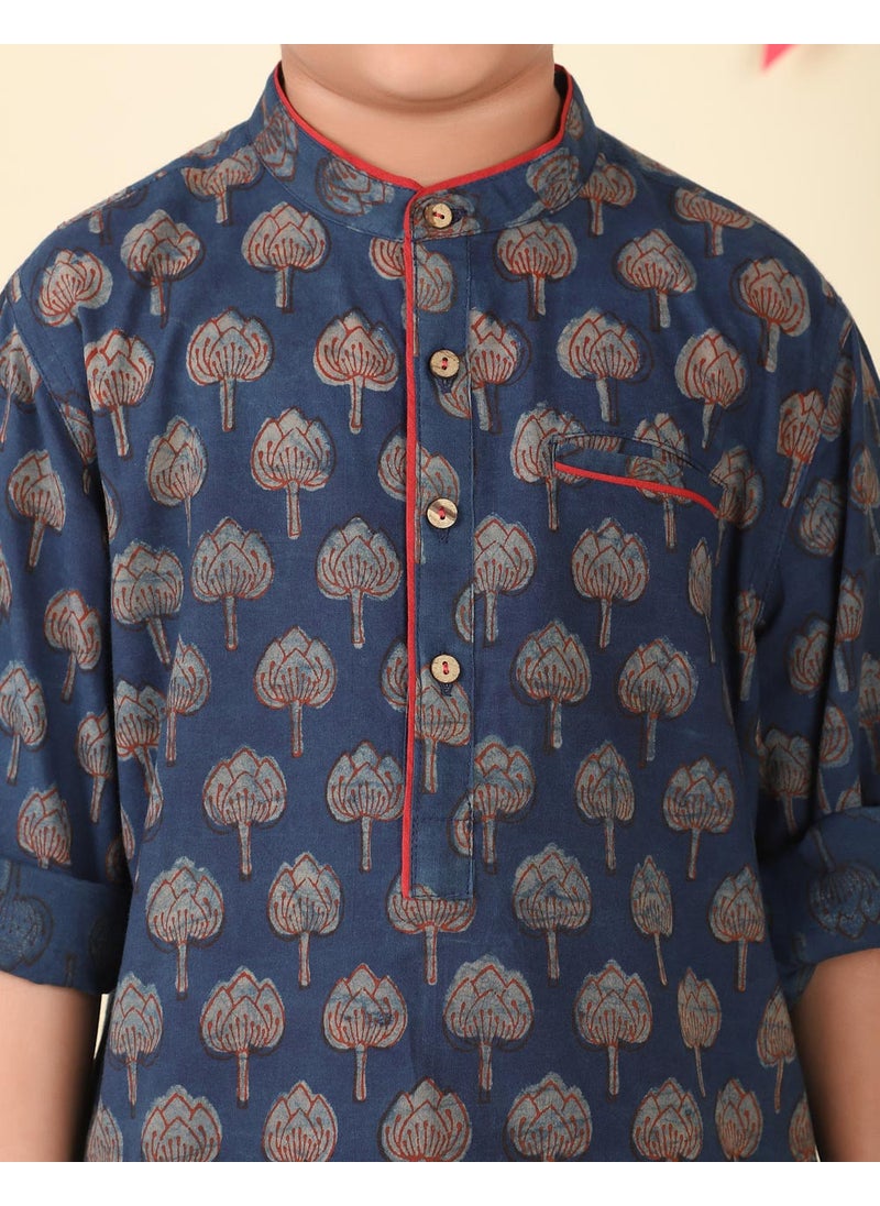 Indigo Cotton Bagru Printed Long Kurta