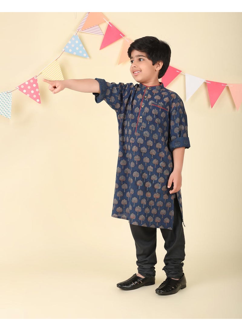 Indigo Cotton Bagru Printed Long Kurta
