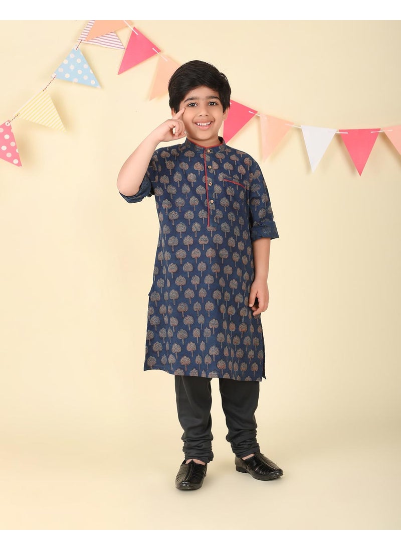 Indigo Cotton Bagru Printed Long Kurta