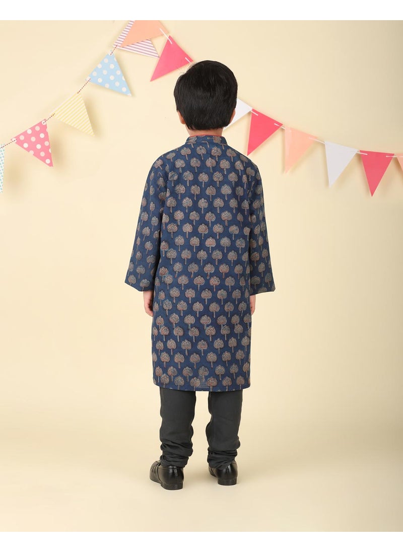 Indigo Cotton Bagru Printed Long Kurta