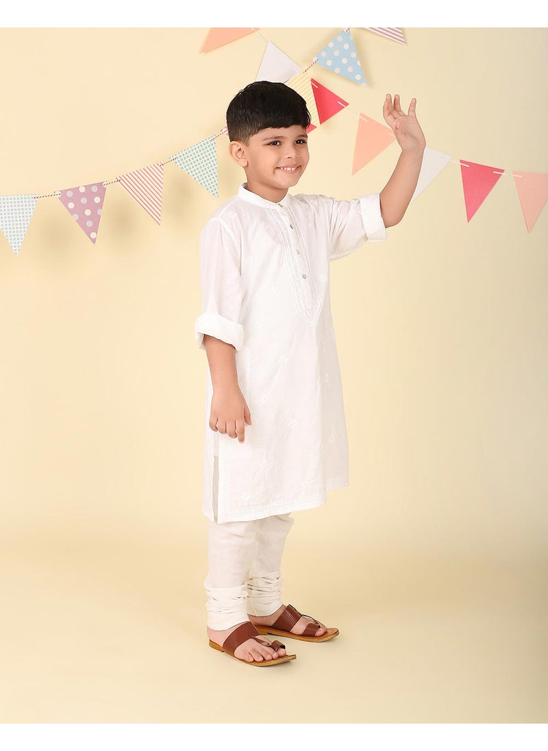 White Cotton Chikankari Long Kurta