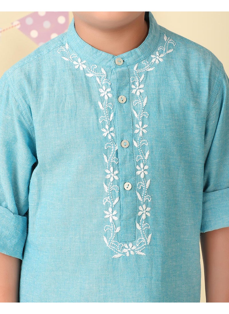 Blue Cotton Chikankari Long Kurta