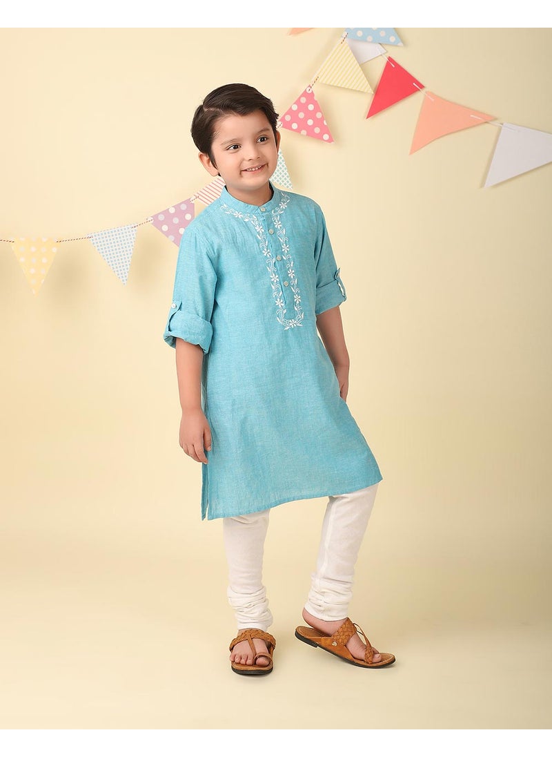 Blue Cotton Chikankari Long Kurta