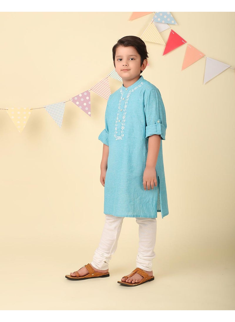 Blue Cotton Chikankari Long Kurta