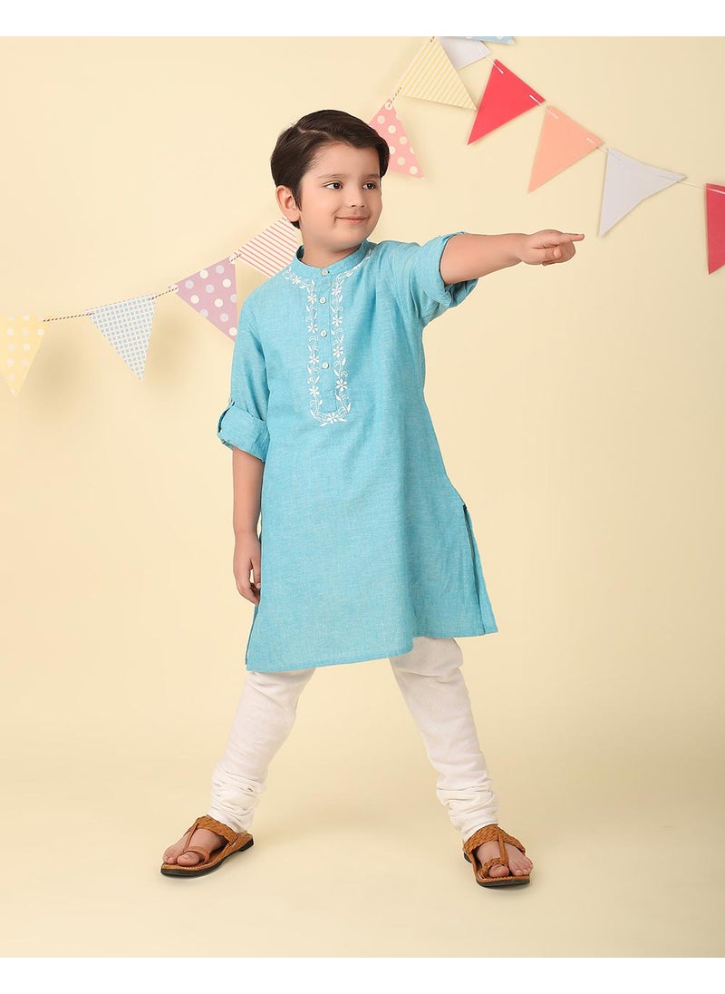 Blue Cotton Chikankari Long Kurta